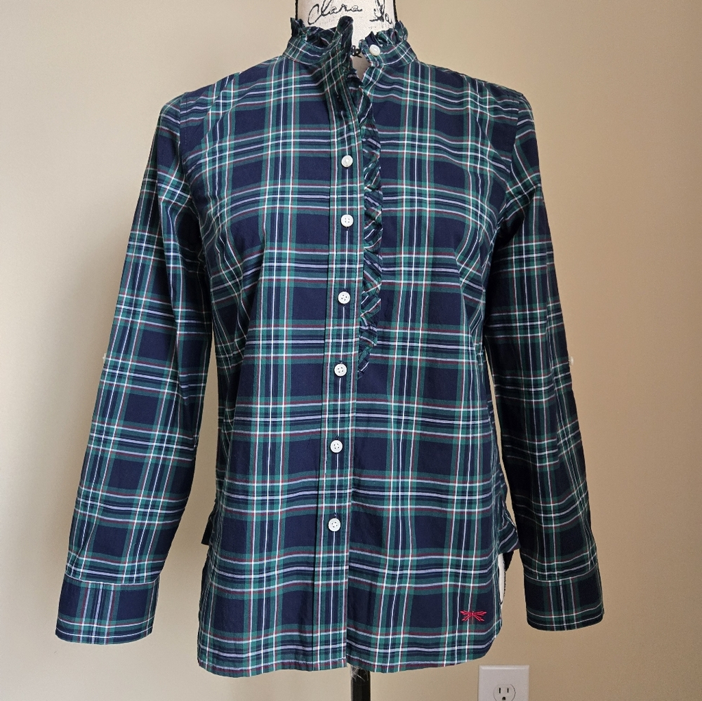 Talbots top green ruffle plaid button front womens 4 petite
